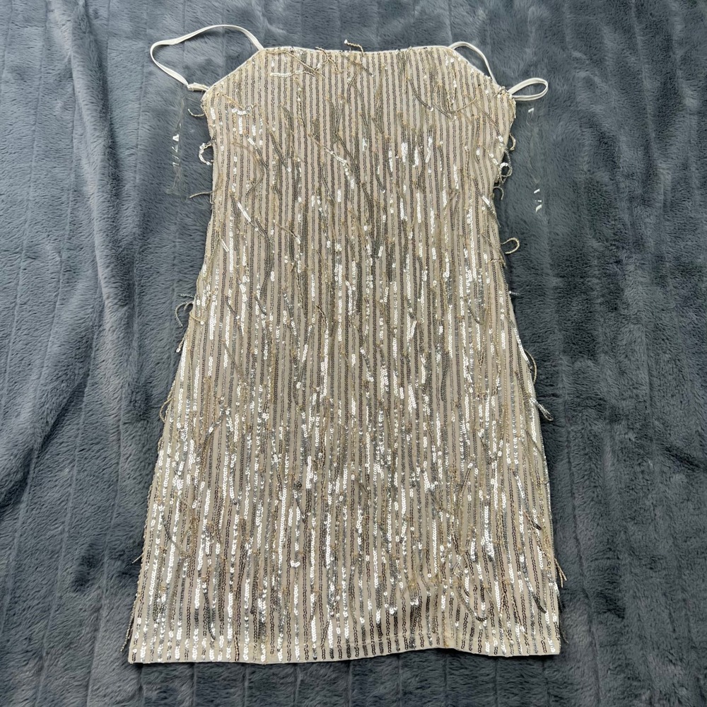 Trixxi Silver Sequin Fringe Mini Dress Champagne Small 25W819BTSV